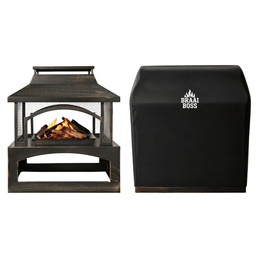 BraaiBoss 82cm Outdoor Fire Place with Chimney, Mesh Sides, Wood Shelf & Protective Cover