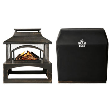 BraaiBoss 82cm Outdoor Fire Place with Chimney, Mesh Sides, Wood Shelf & Protective Cover