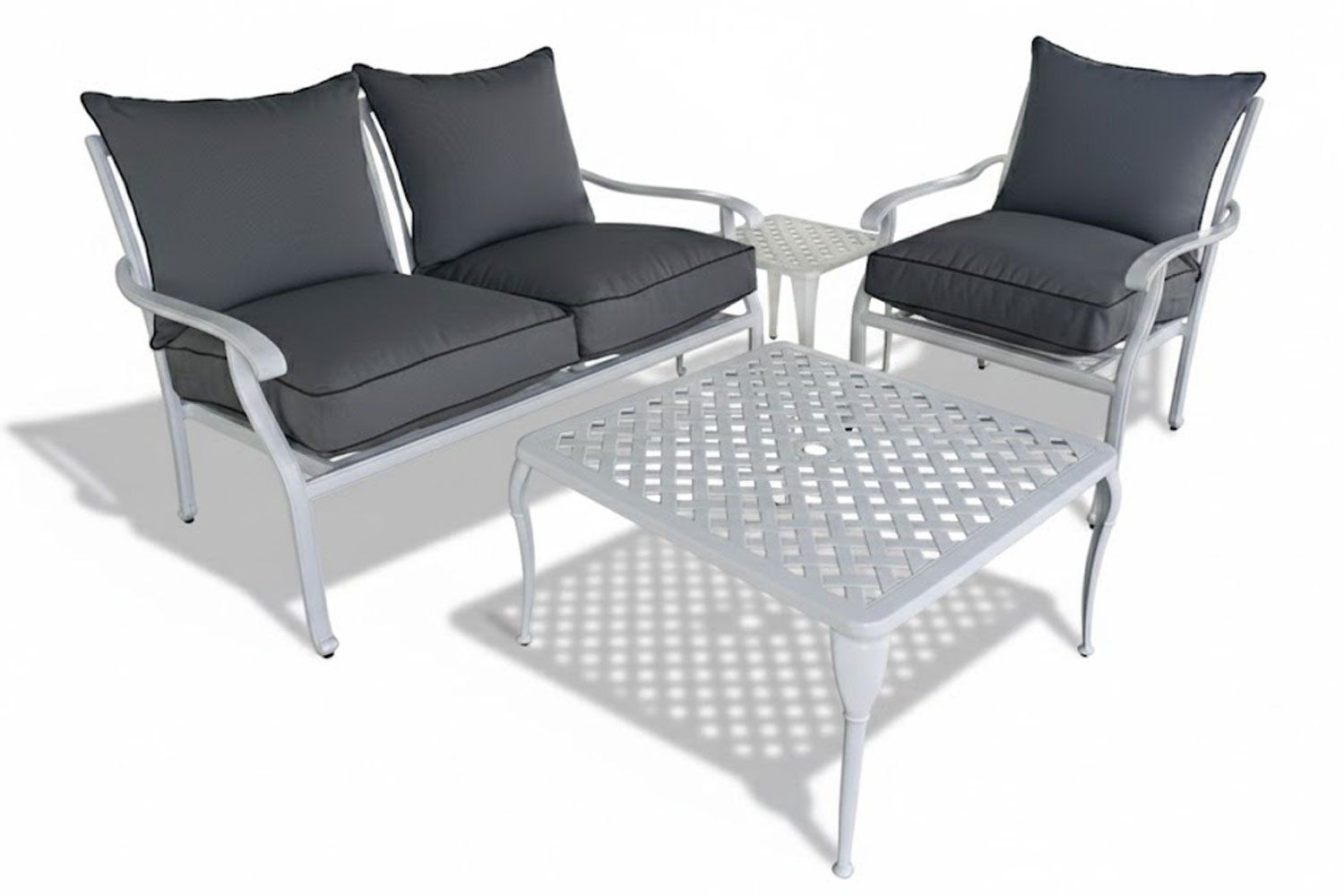 Aluminium Lounge Set 4-Piece 3-Seater 1 1-seater 1 Two-Seater Coffee Table (White, Charcoal Cushions)