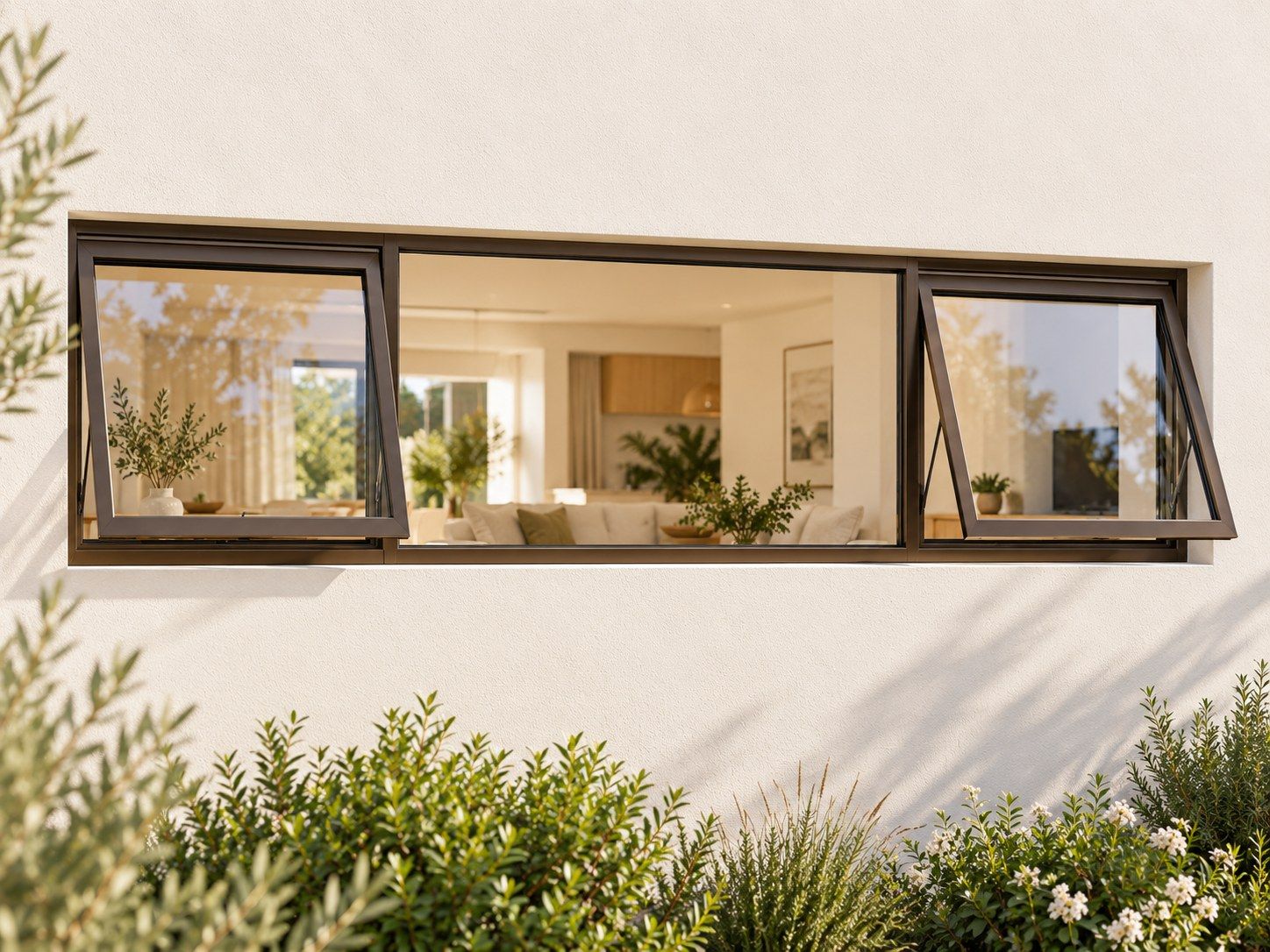 Kenzo Premium Top-Hung Aluminium Window - Bronze, 2400 400 mm, Two Outer Openers with Fixed Centre, Clear Glass