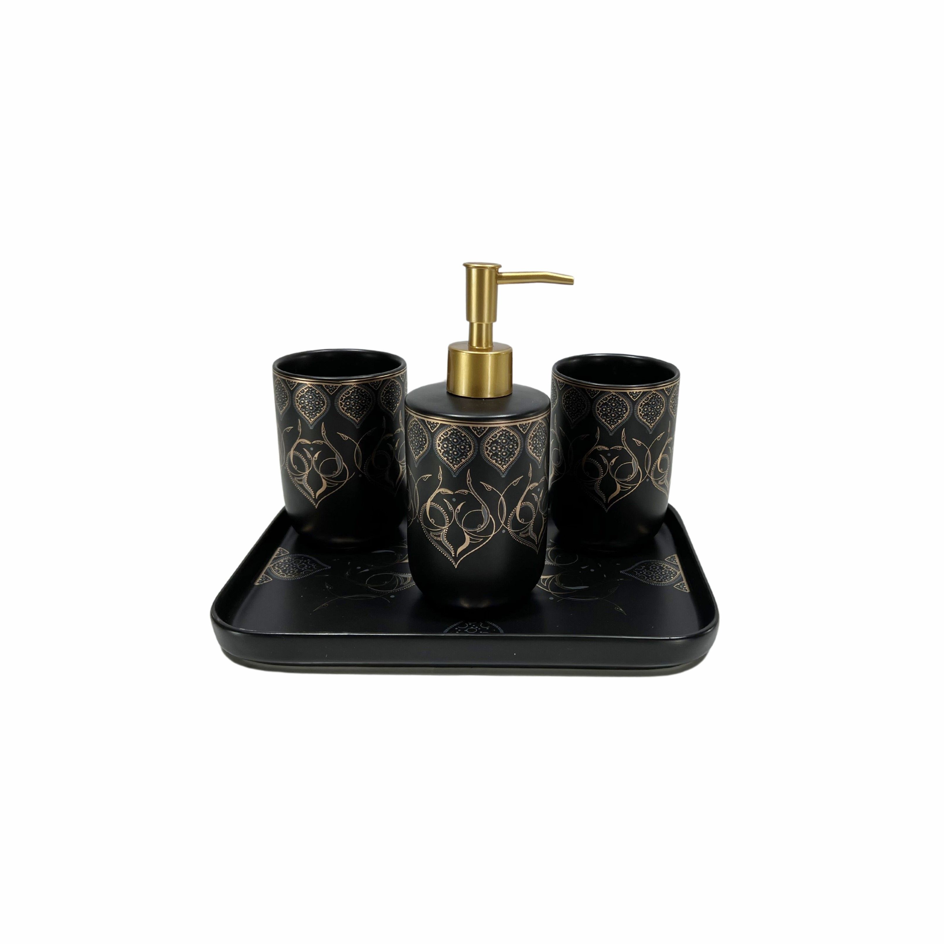 Ceramic Bathroom Accessories Set - Matt Black & Gold