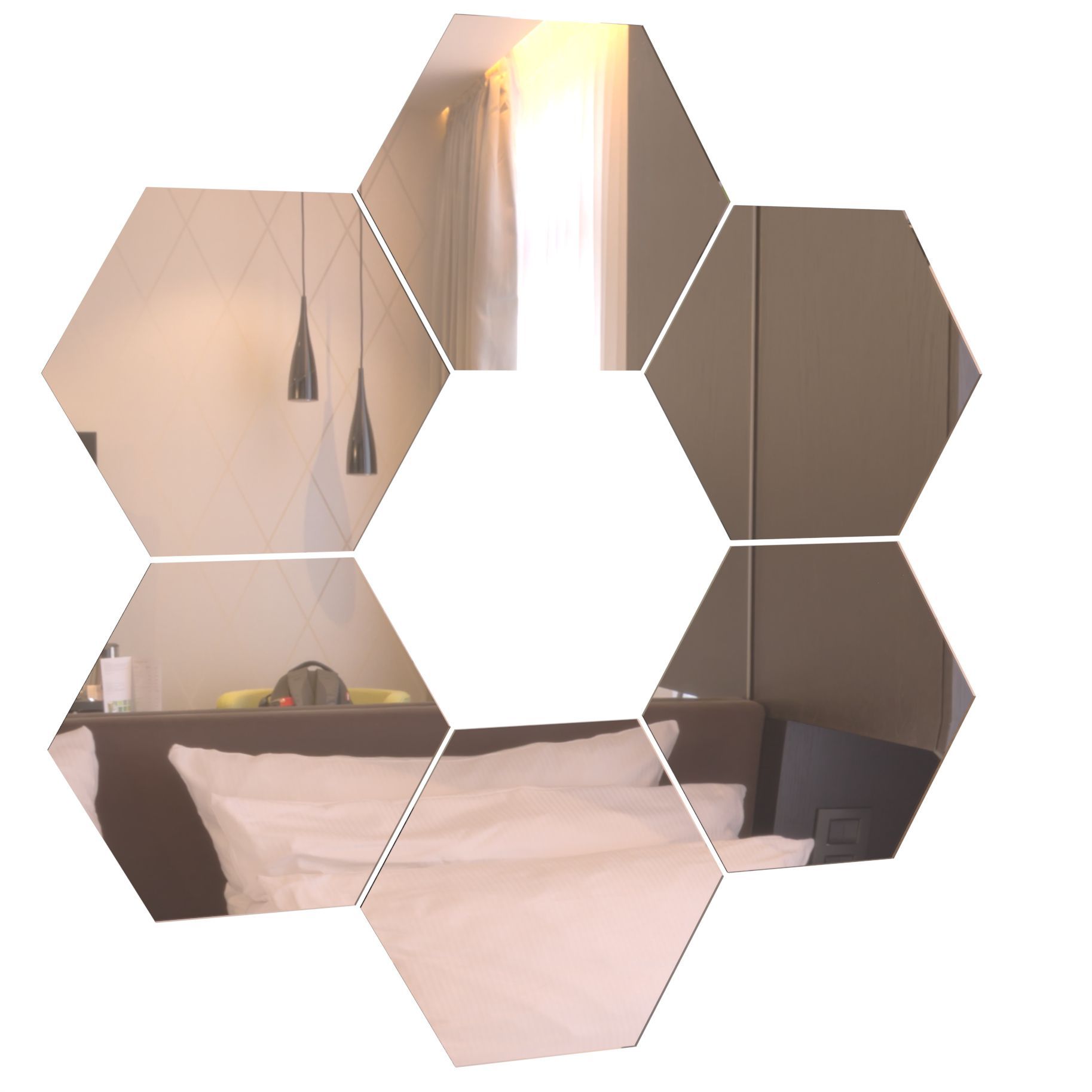 Rose Gold Hexagon Acrylic Mirror Wall Art Tiles Décor - Self Adhesive- 20cm - Large - 6-Pack