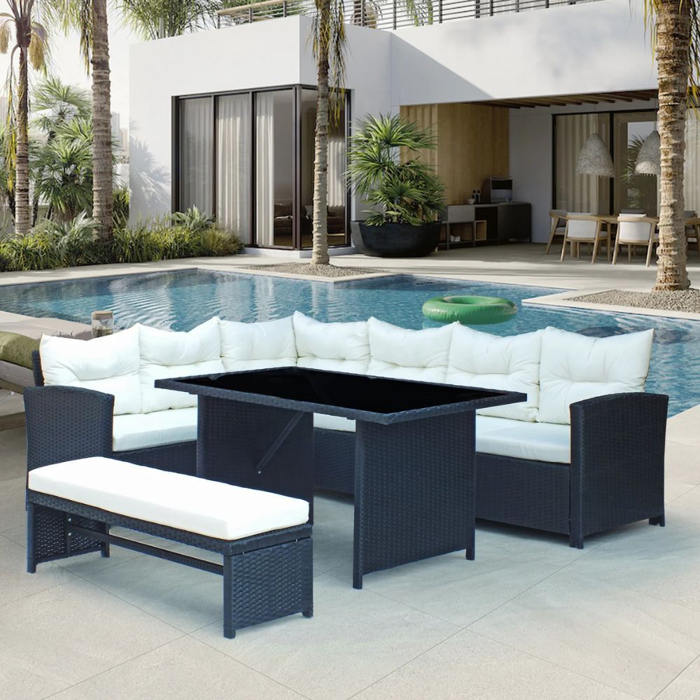 Bahamas Corner Lounge Patio Set - Black with Beige Cushions