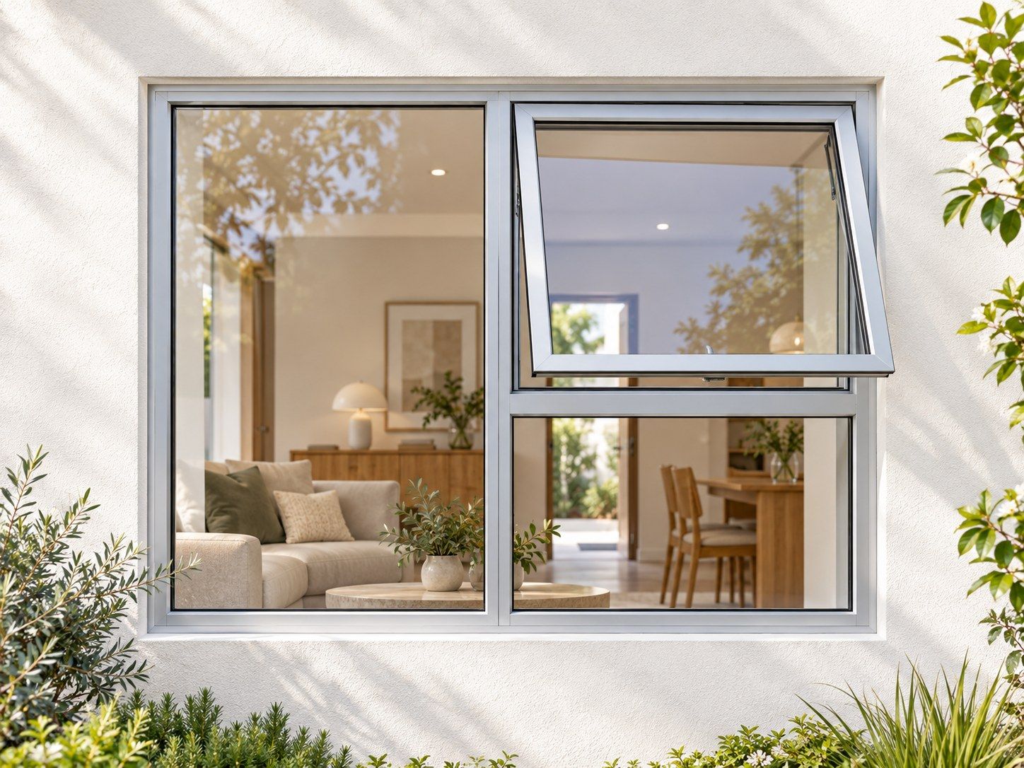 Kenzo Premium Top-Hung Aluminium Window - Silver, 1200 900 mm, Right Upper Opener with Fixed Lower and Side Panes, Clear Glass