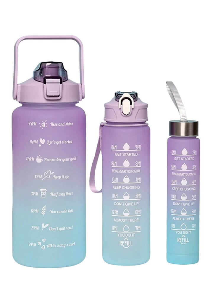 Set of 3 Motivational Water Bottles - Blue and Purple