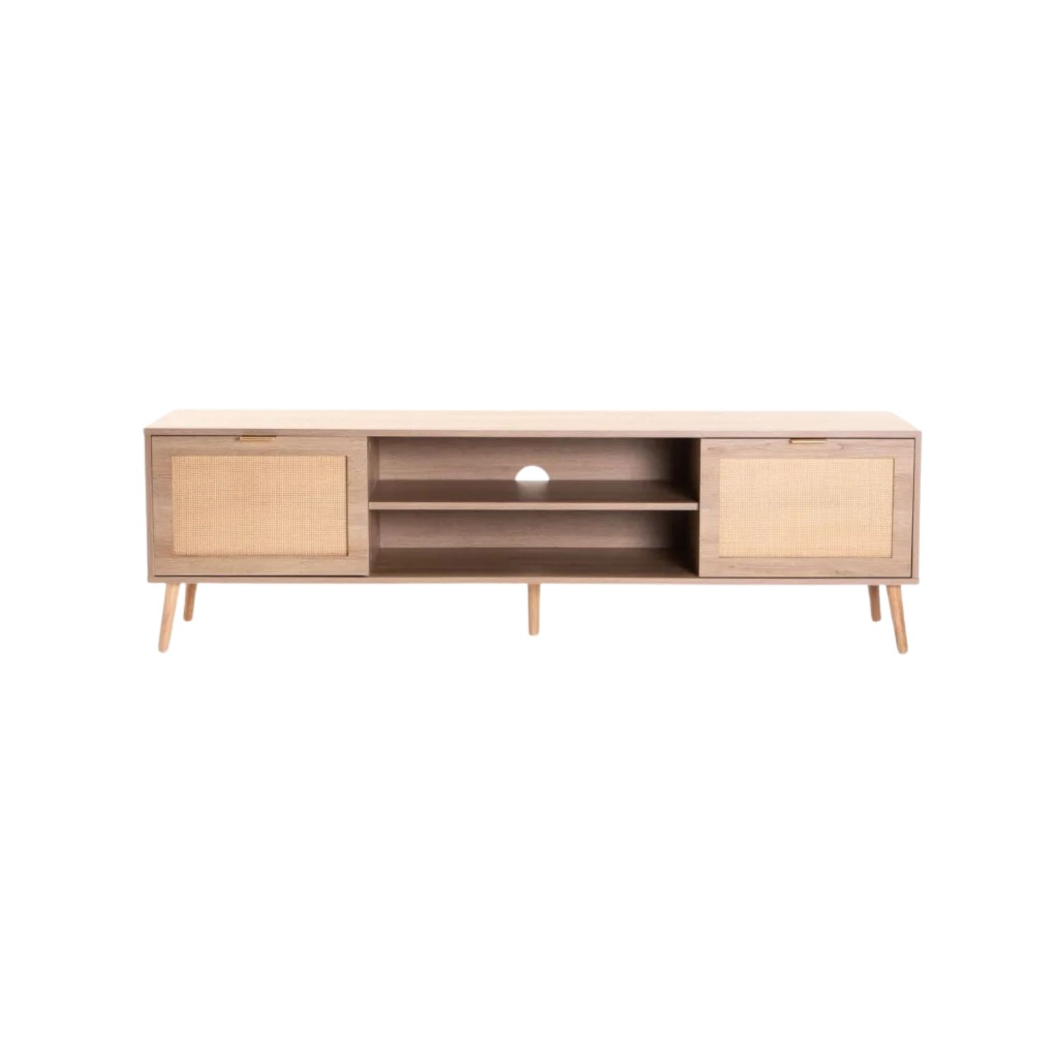 2-Door Rustic Oak TV Stand With Rattan Detail - Rustic/Light Oak