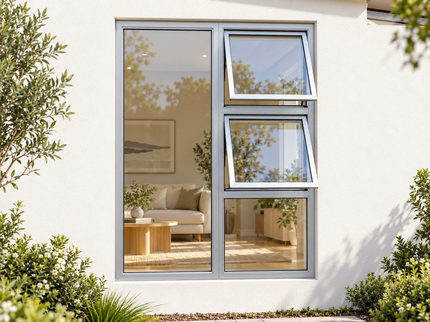Kenzo Premium Top-Hung Aluminium Window - Silver, 1200 1800 mm, Right Two Openers with Fixed Lower and Side Panes, Clear Glass