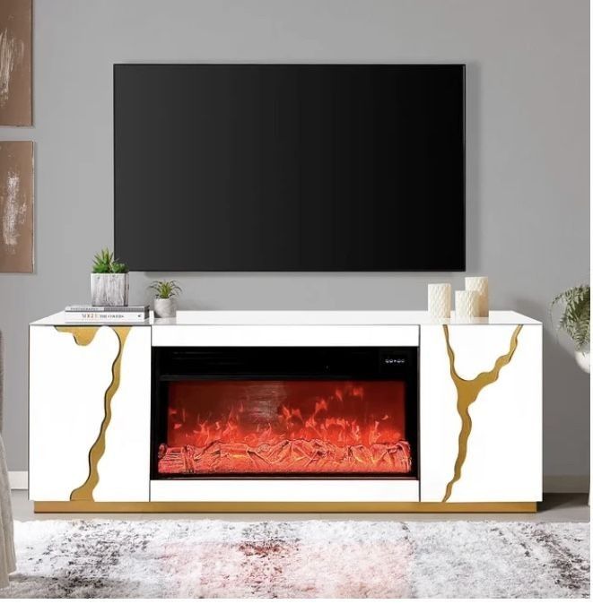 Striped White Electric Fireplace TV Stand