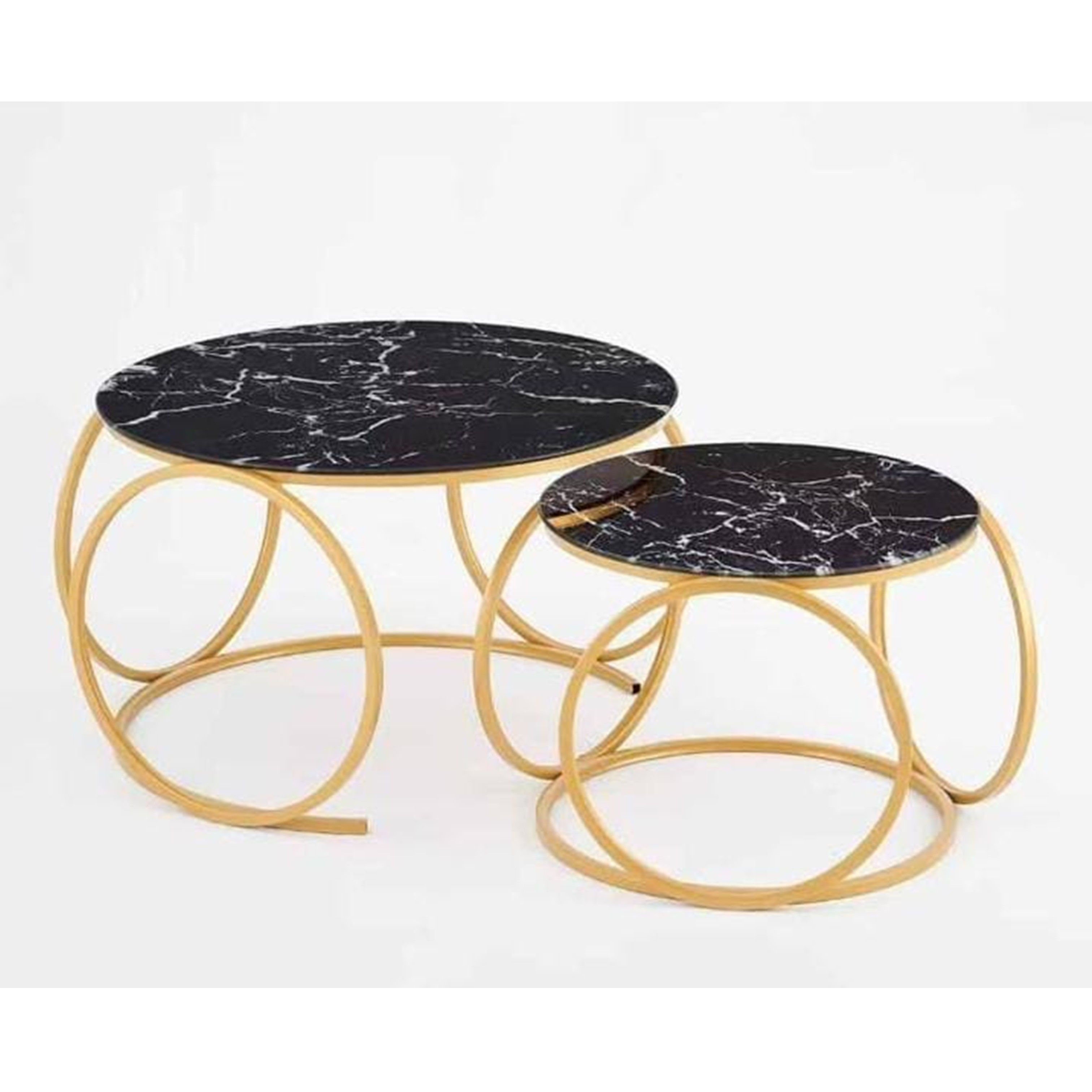 Nesting Marble Glass Top Round Coffee Table with Gold Base