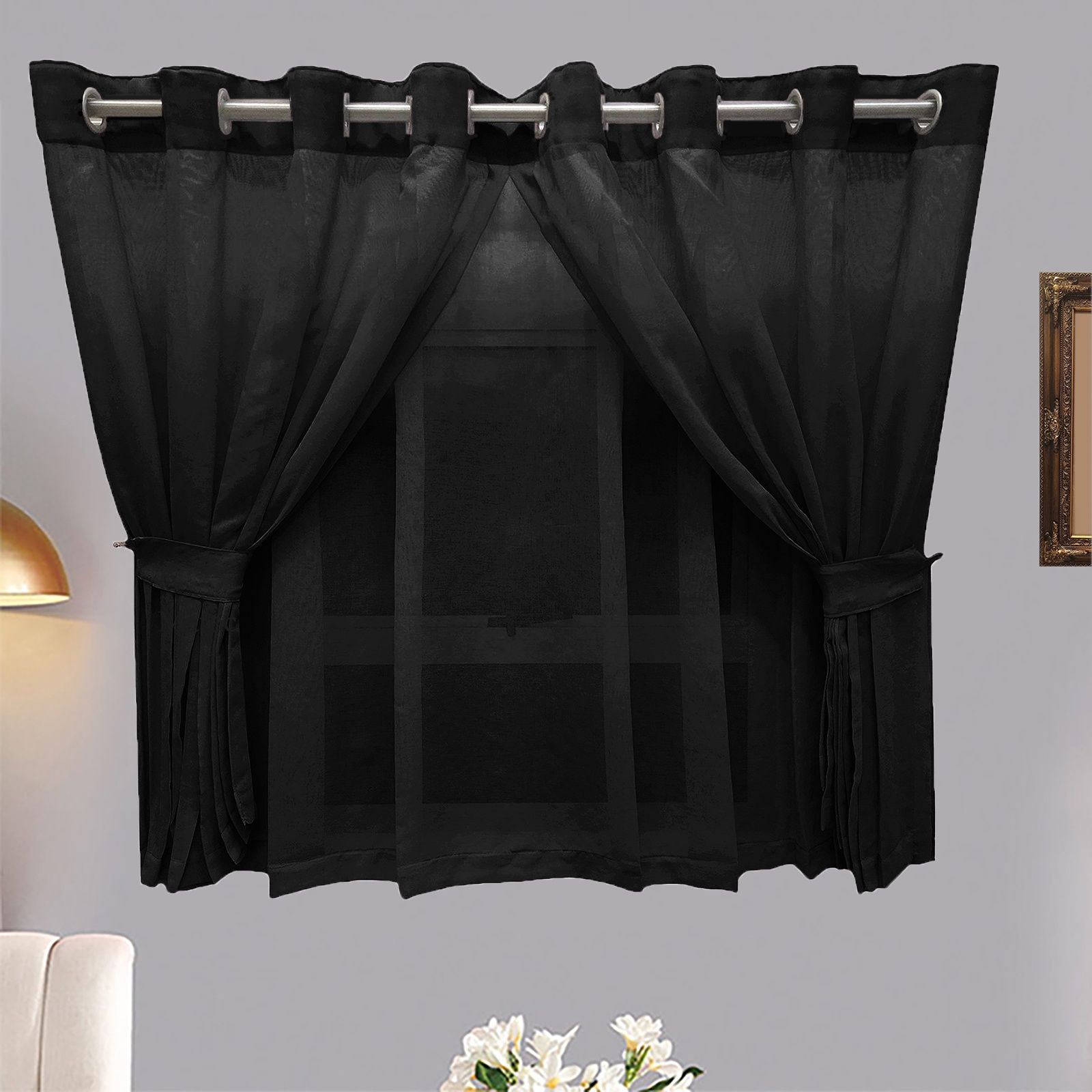 Matoc Designs Curtain -  Café Double Layer - Mystic Voile - Black - Eyelet - 300cm W x 123cm H