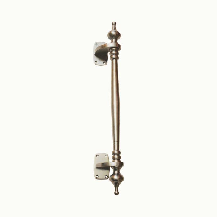 Solid brass offset pull handle with finials