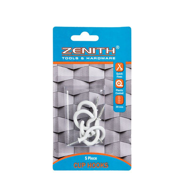 Cup Hooks White Plastic Coated 30mm 5pcs Per Pack - 6 Pack
