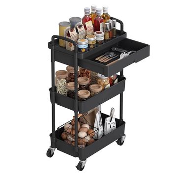 3-Tier Utility Cart With Drawer - BLACK