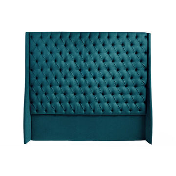 Ivy Buttoned Winged Velvet Headboard - Blue - Double