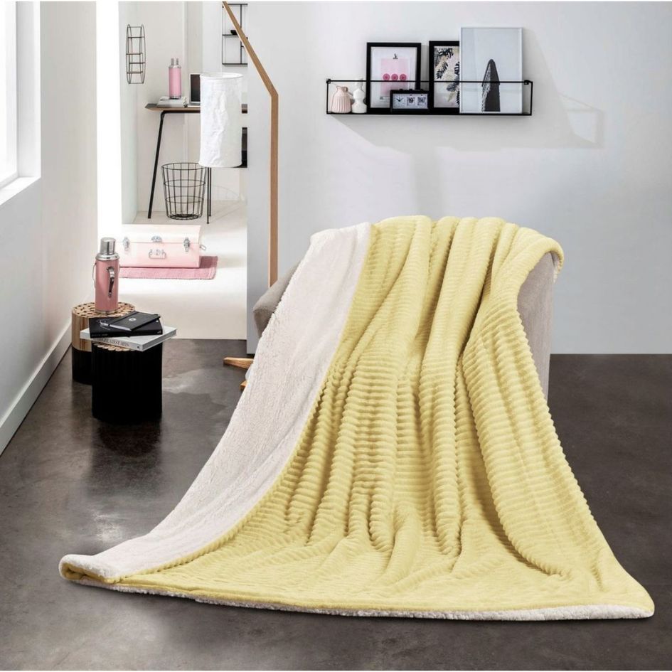 Nu Dekor - Reversible Sherpa Fleece Throw Flannel Blanket - Yellow - 180x200cm