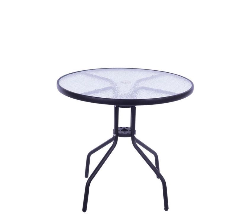 Round Outdoor Patio Table, Glass Top, Metal Frame, Black
