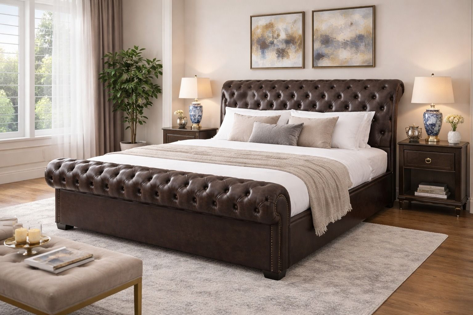 ASHER- Queen Size Chesterfield Sleigh Bed Frame