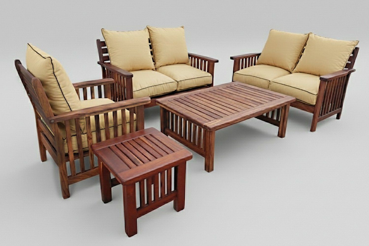 Zambezi Teak Lounge Set 5-Piece 5-Seater x1 1-Seater 2 Two-Seater Sofas Coffee Table Side Table (Beige Cushions)