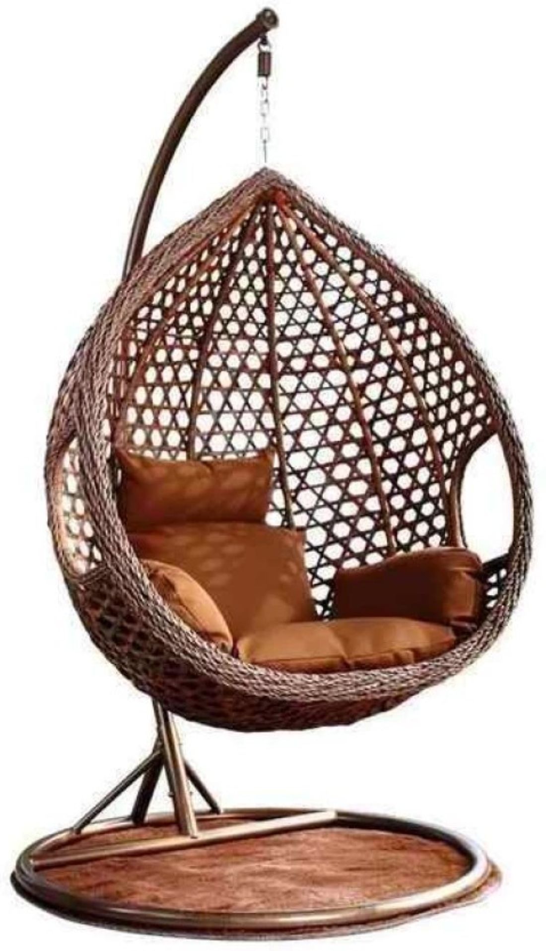 Outdoor Hanging Egg Chair with Stand, Brown Wicker, Cushioned Seat, Patio Swing Chair