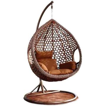 Outdoor Hanging Egg Chair with Stand, Brown Wicker, Cushioned Seat, Patio Swing Chair