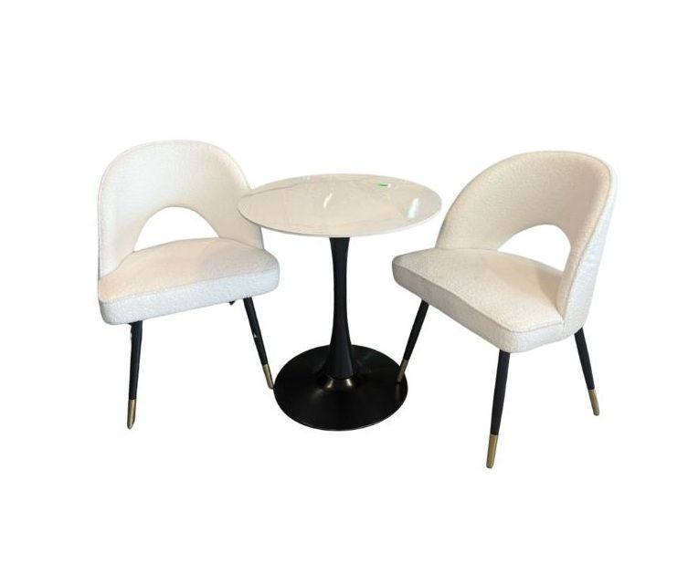 Modern 3-Piece Bistro Set, White Boucle Accent Chairs, Round Table with Black Metal Base, Gold Accents