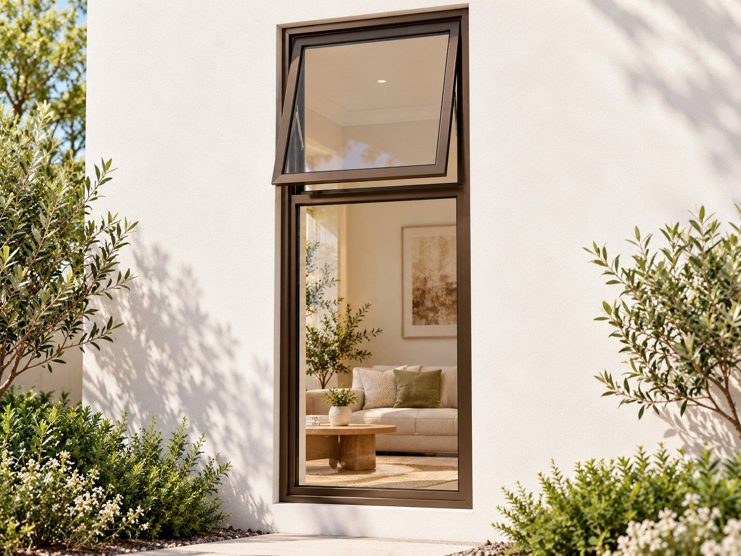 Kenzo Premium Top-Hung Aluminium Window - Bronze, 600 1500 mm, Upper Opener with Fixed Lower Pane, Clear Glass