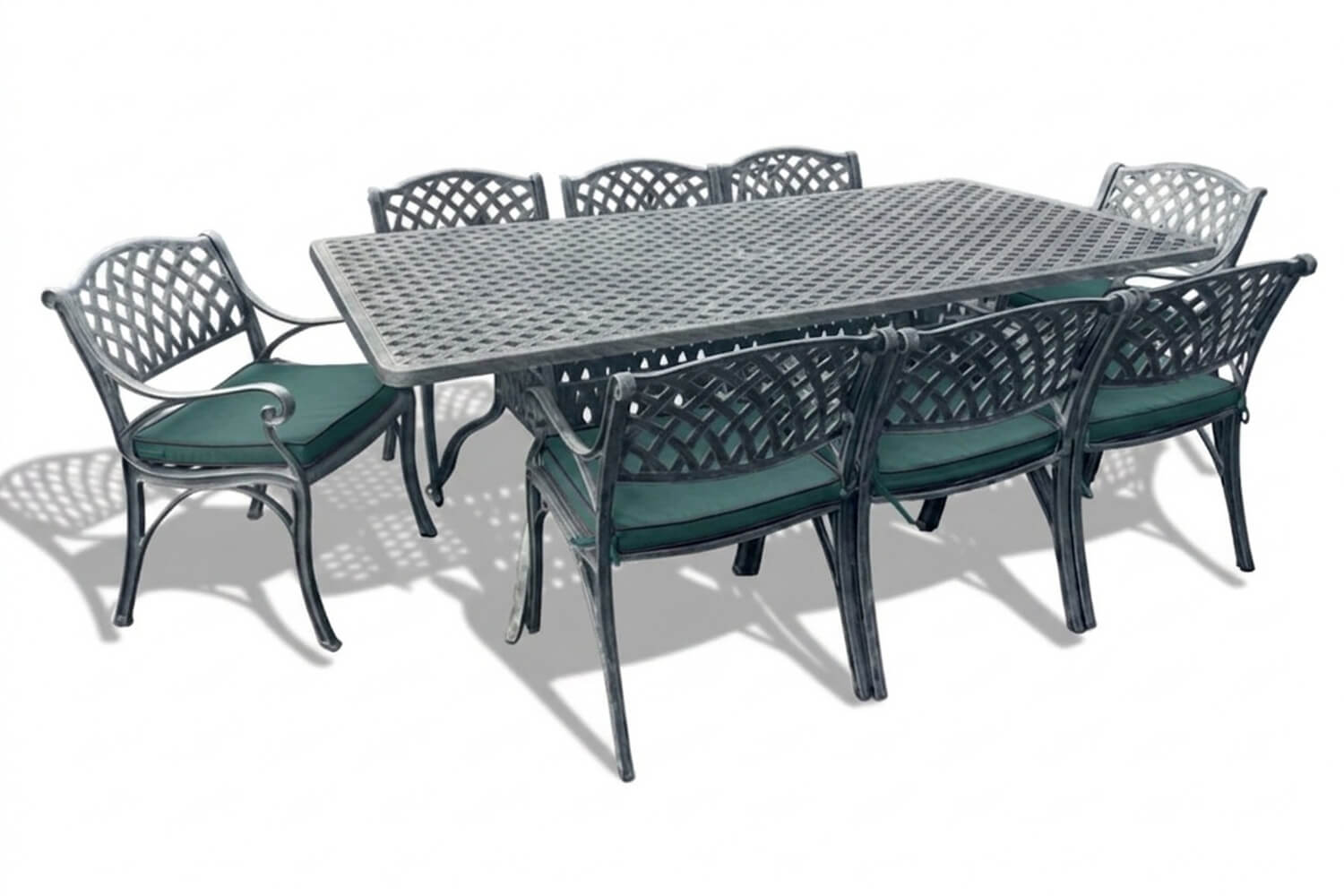 Cottage Aluminium Dining Set 8-Seater (Silver, Green Cushions)