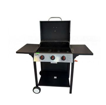 3-Burner Gas Braai with Side Tables, Wheeled Cart, Black Steel Construction