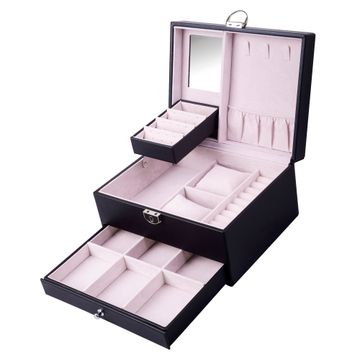 PU Leather Jewelry Box Organizer with Drawer- Black