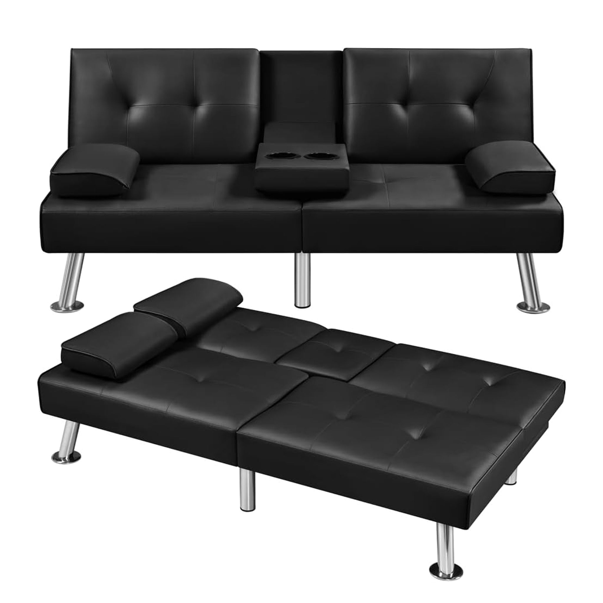 Modern Faux Leather Sofa Bed with Adjustable Recliner & Cup Holders - Black