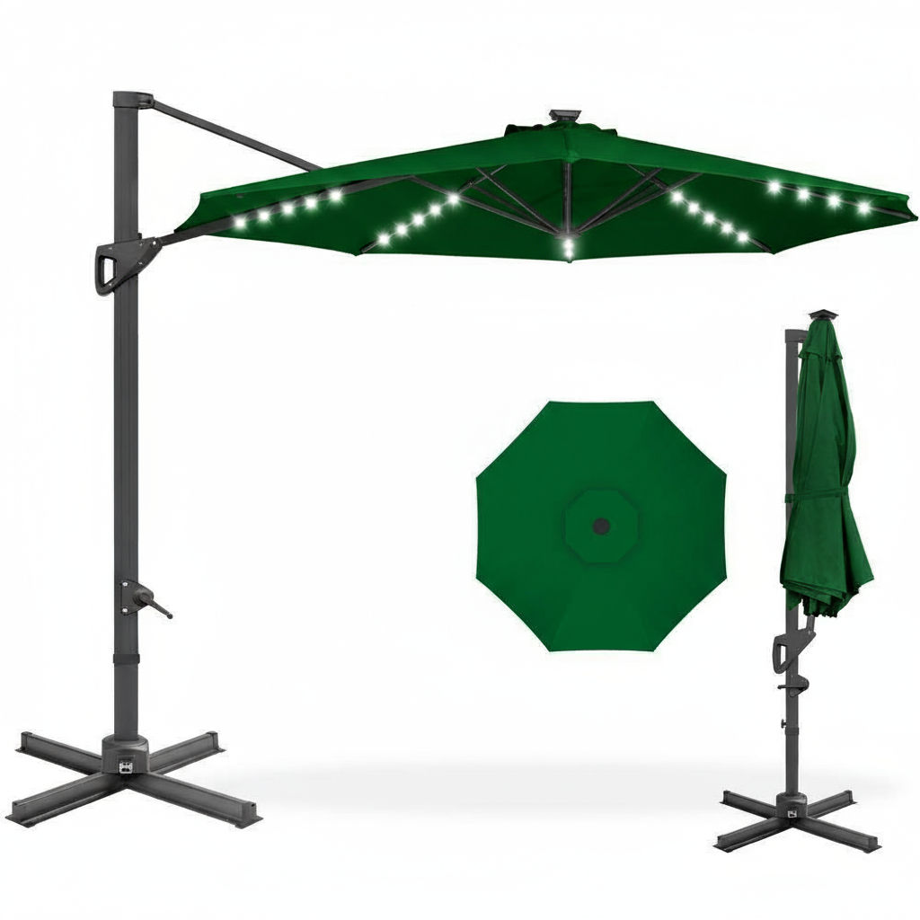 3M Cantilever Outdoor Patio Umbrella Patio with Solar LED Lights - GREEN