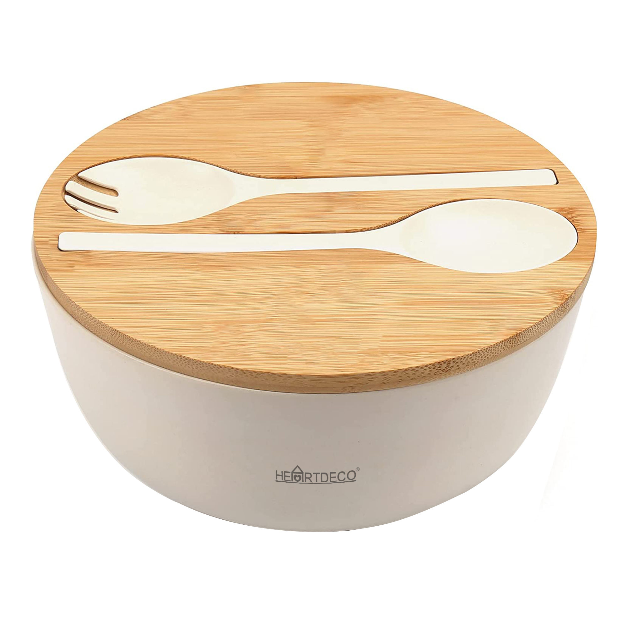 Heartdeco Salad Bowl With Bamboo Lid and Serving Spoons Set - White