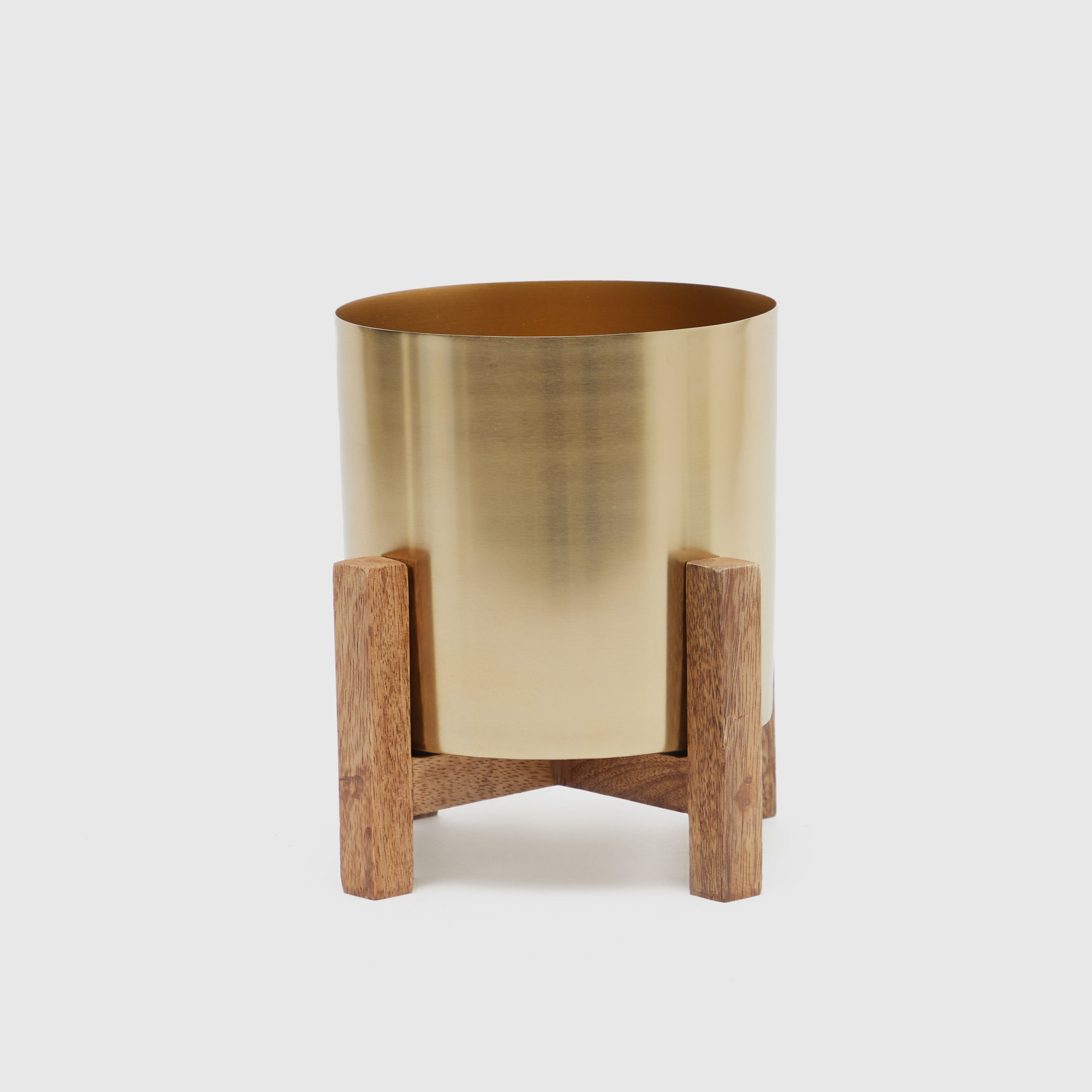 Flower Pot Decor – Brass & Wooden Planter for Living Room