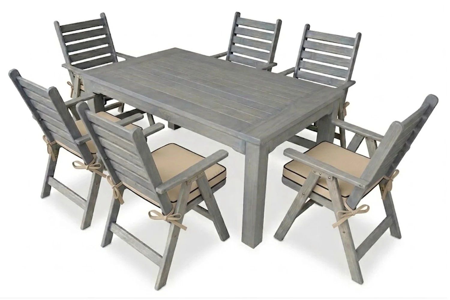 Aged Pine Patio Dining Set 6-Seater 1600mm x1 Table x6 Highback Chairs Beige Seat Cushions (Undercover only)