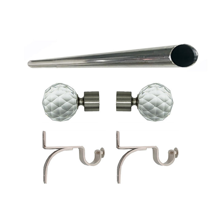 Matoc 25mm Single Curtain Pole Set - Silver - Crystal Ball Finials - 1.0m