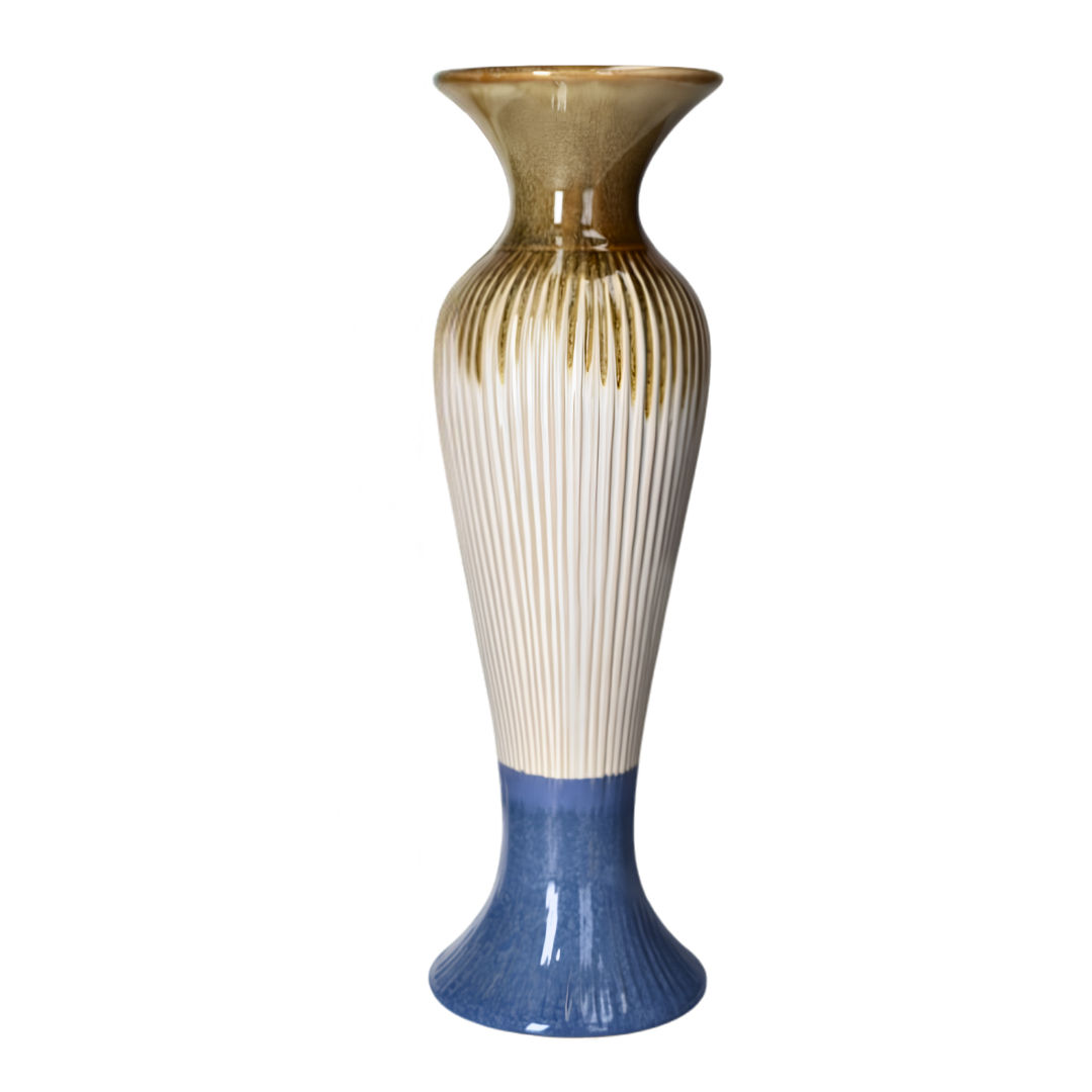 Danny Home Tall Fluted Ceramic Trumpet Flower Vase (11.2 x 11.2 x 36cm) – Olive Amber, Cream & Cobalt Blue