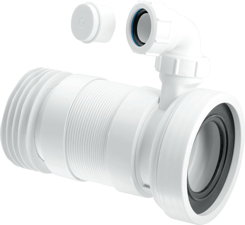 140-290mm Inlet x 4″/110mm Outlet Flexible WC Connector with 1¼ Universal Vent Boss.