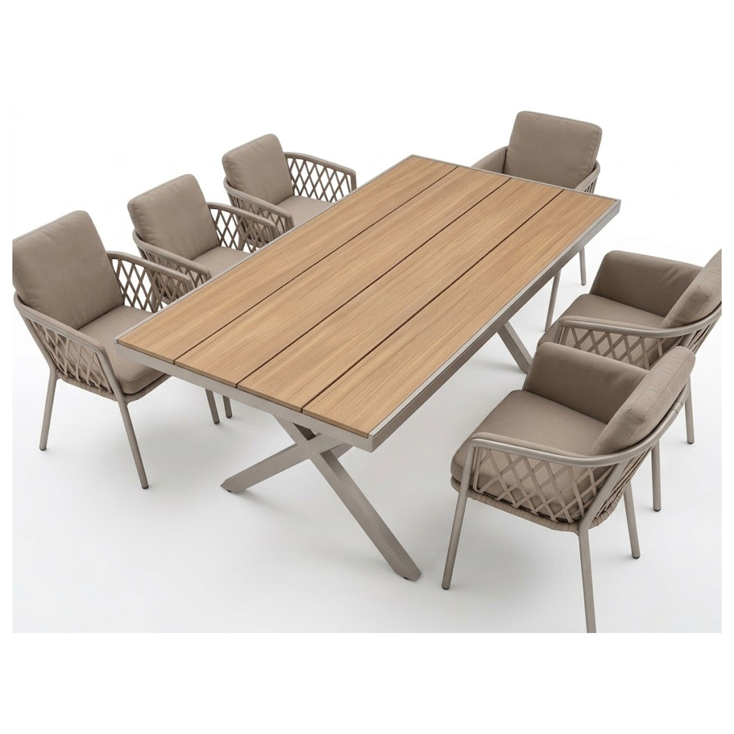 Madiega Furniture - Modern Outdoor Wooden Slat 7-Piece Dining Set with Woven Rope Armchairs
