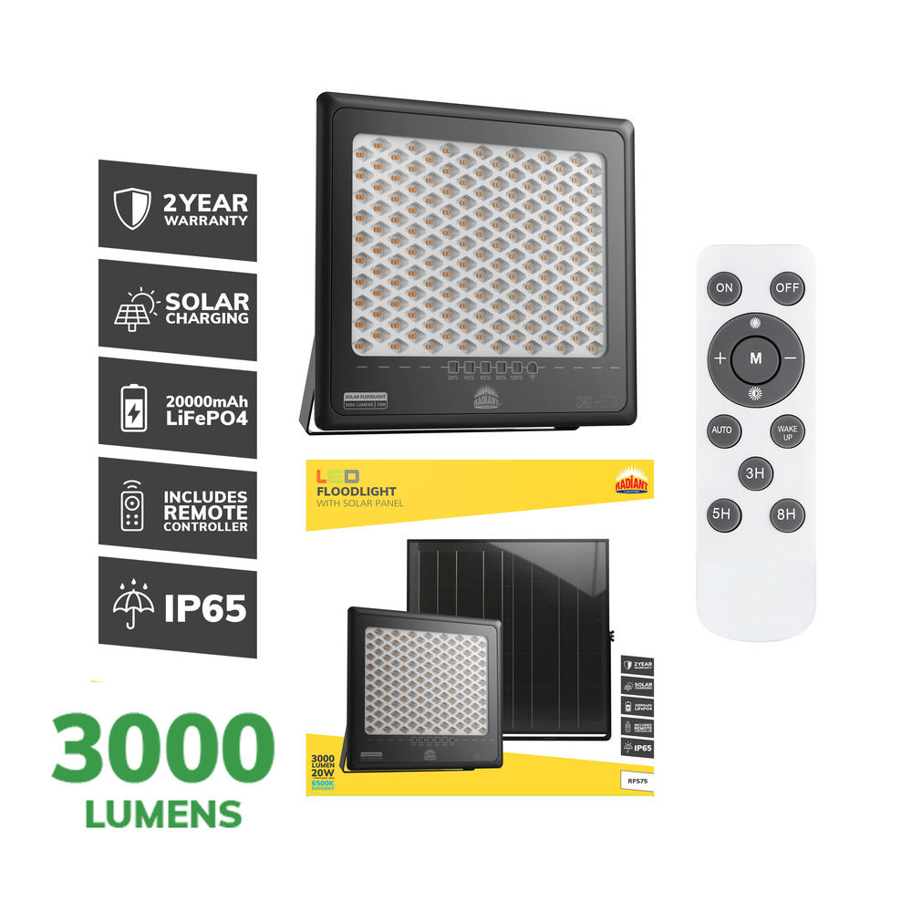 Solar Floodlight & Remote LED 3000lm 6500K