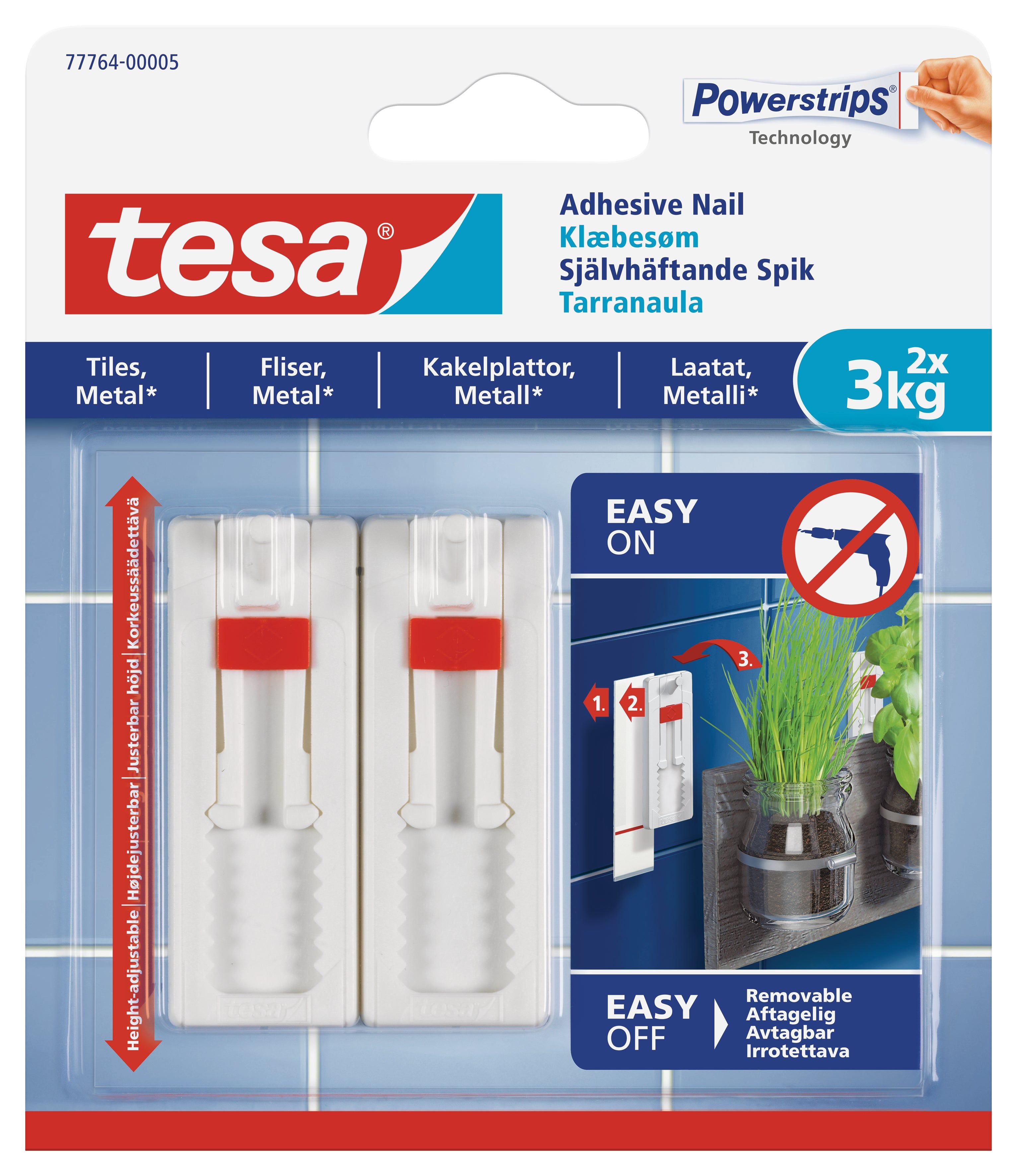 TESA Adhesive Nail Adjustable 2x3kg - Smooth And Solid Indoor Surfaces - Tiles and Metal