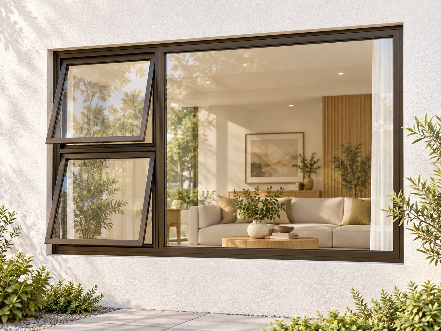 Kenzo Premium Top-Hung Aluminium Window - Bronze, 2100 1200 mm, Left Two Openers with Fixed Side Pane, Clear Glass
