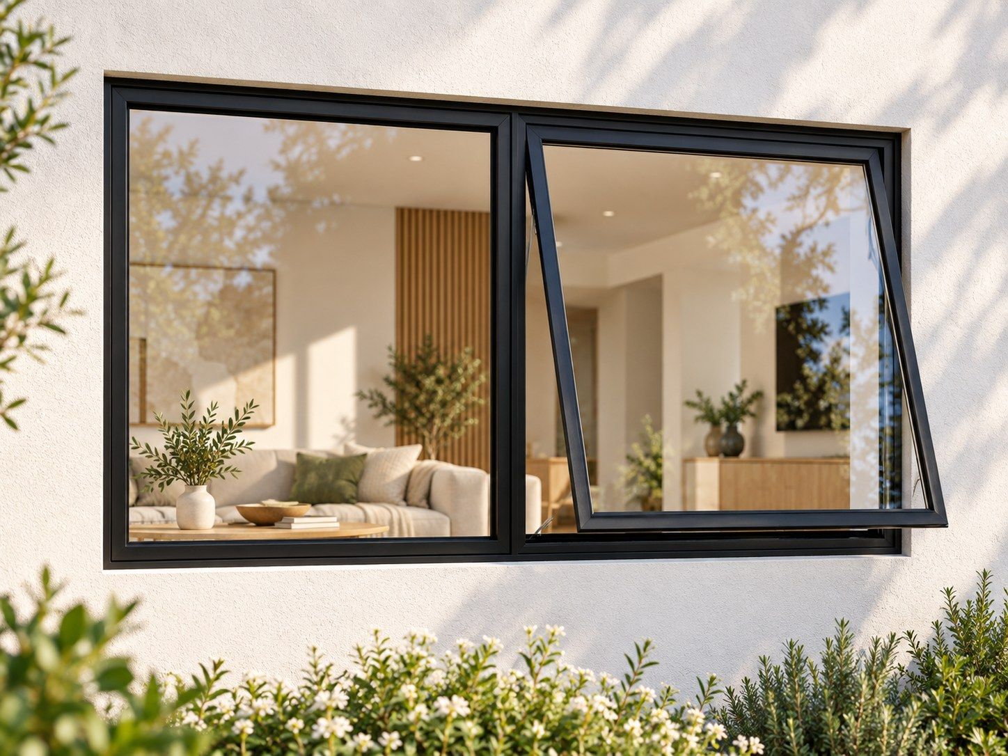 Kenzo Premium Top-Hung Aluminium Window - Black, 1200 600 mm, Right Upper Opener with Fixed Side Pane, Clear Glass