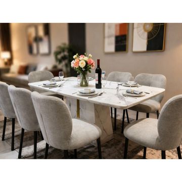 Madiega Furniture - Modern White Marble 6-Seater Dining Set with Marble Base and Grey Fabric Chairs