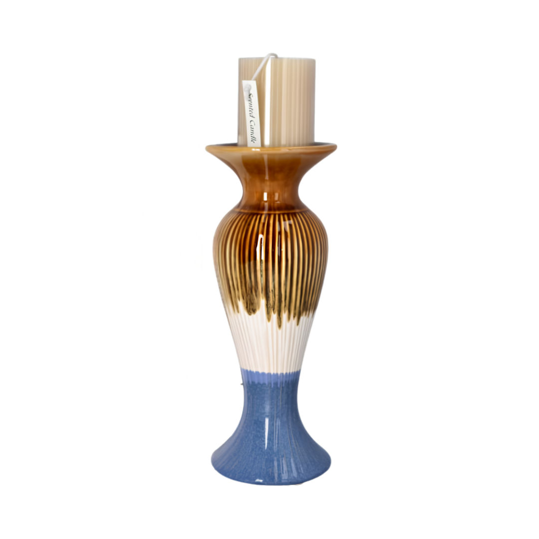 Danny Home Tall Fluted Ceramic Pillar Candle Holder & Flower Vase (10.2 x 10.2 x 28.2cm) – Olive Amber, Cream & Periwinkle Blue