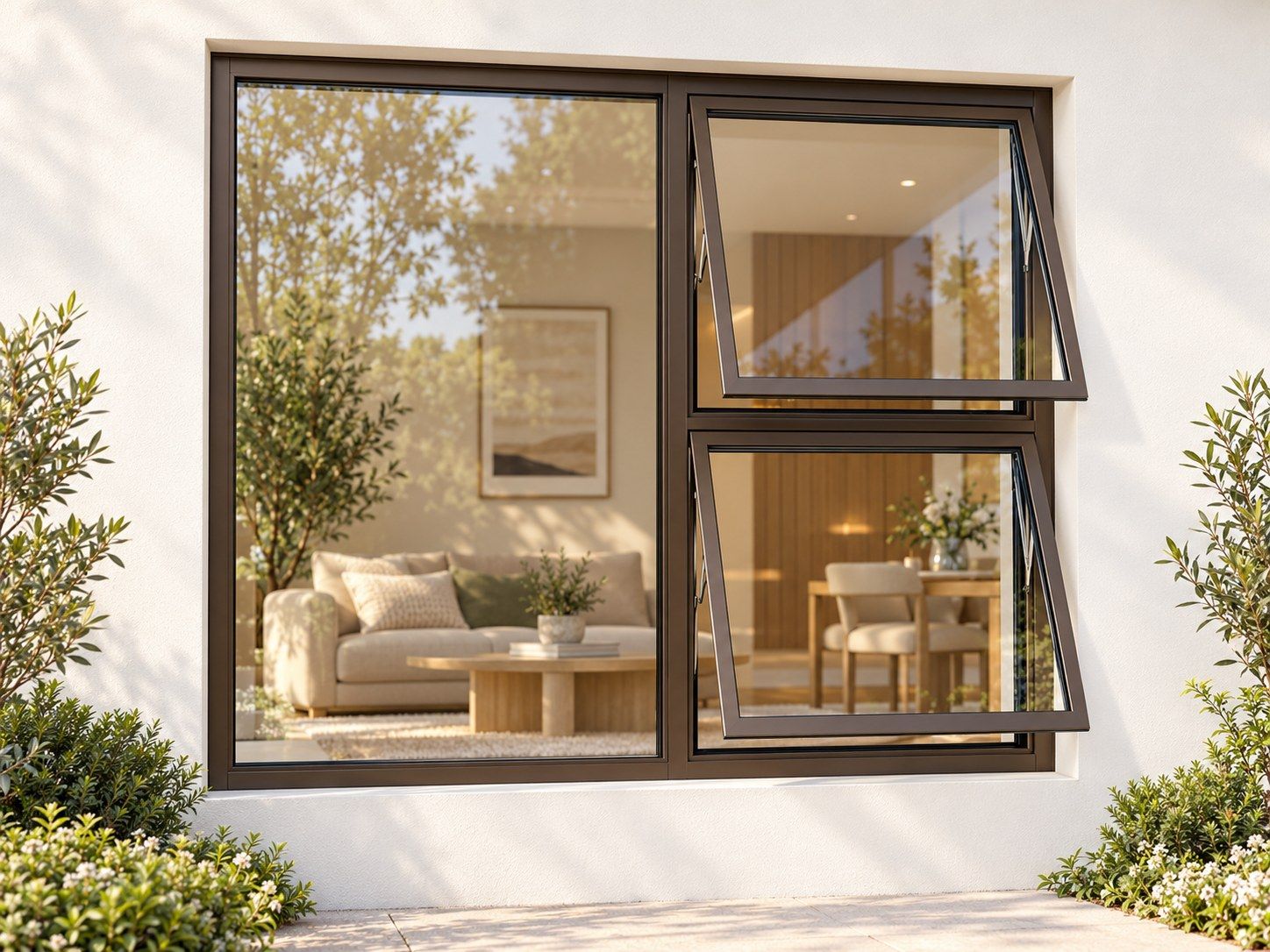Kenzo Premium Top-Hung Aluminium Window - Bronze, 1500 1200 mm, Right Two Openers with Fixed Side Pane, Clear Glass