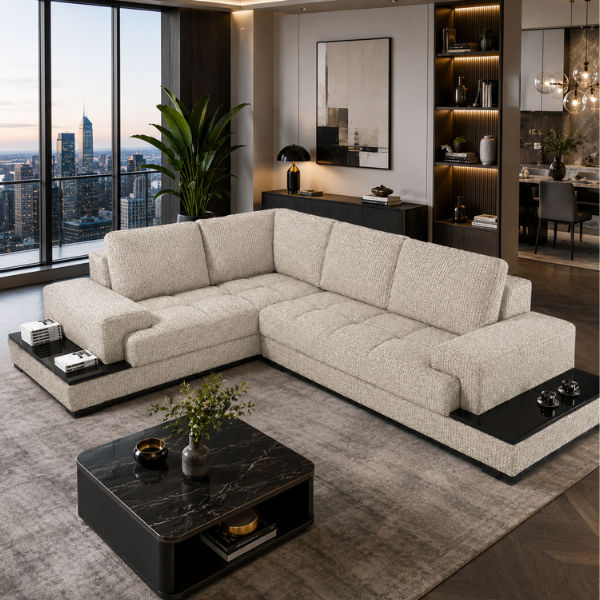 Chanel L Shape Corner Sofa- Woven Fabric White