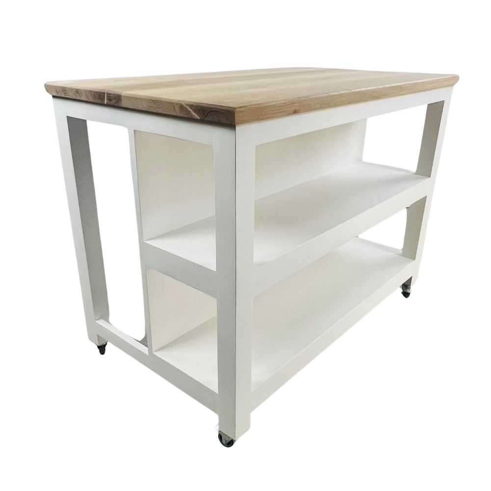 Struisbaai Kitchen Island with Solid Oak Top, Shelving & Lockable Wheels