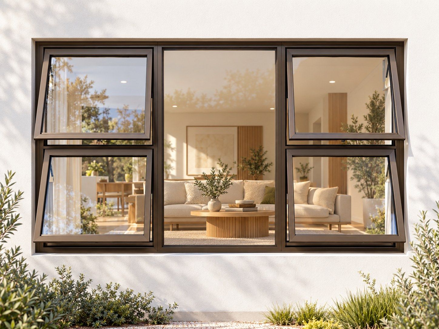 Kenzo Premium Top-Hung Aluminium Window - Bronze, 2100 1200 mm, Four Openers with Fixed Centre, Clear Glass