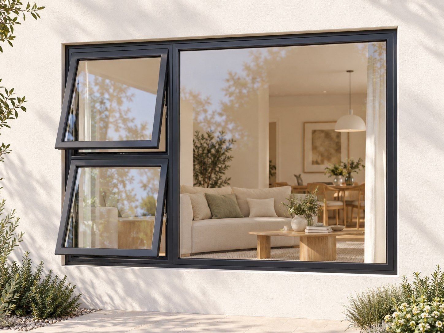 Kenzo Premium Top-Hung Aluminium Window - Charcoal, 2100 1200 mm, Left Two Openers with Fixed Side Pane, Clear Glass