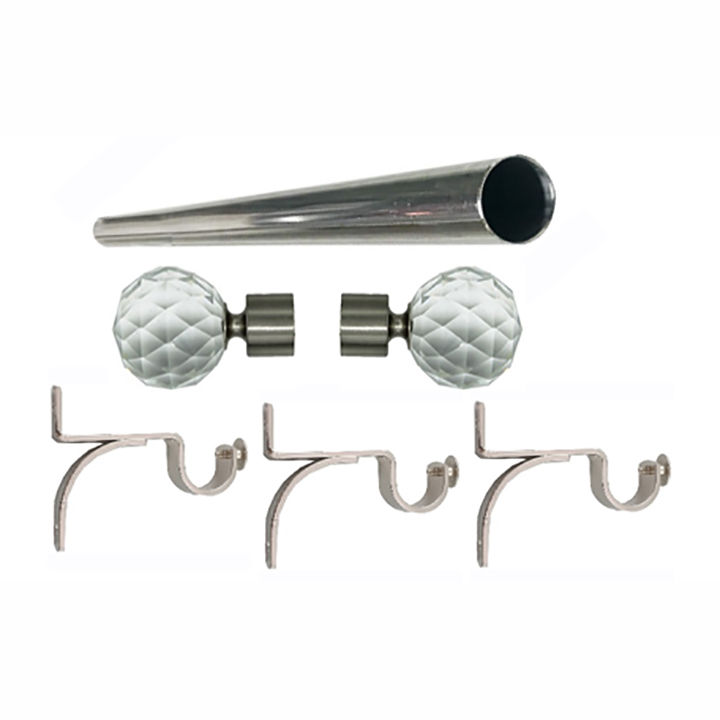 Matoc 25mm Single Curtain Pole Set - Silver - Crystal Ball Finials - 4.5m